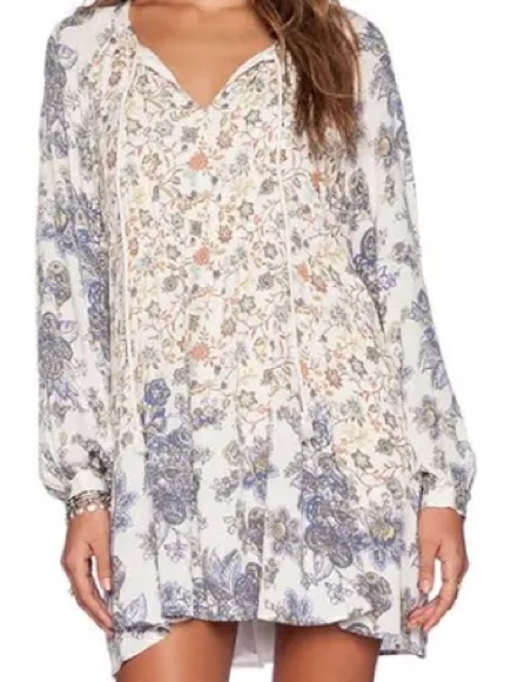 Free People White Floral Long-Sleeve Boho Tunic Dress - Size XS